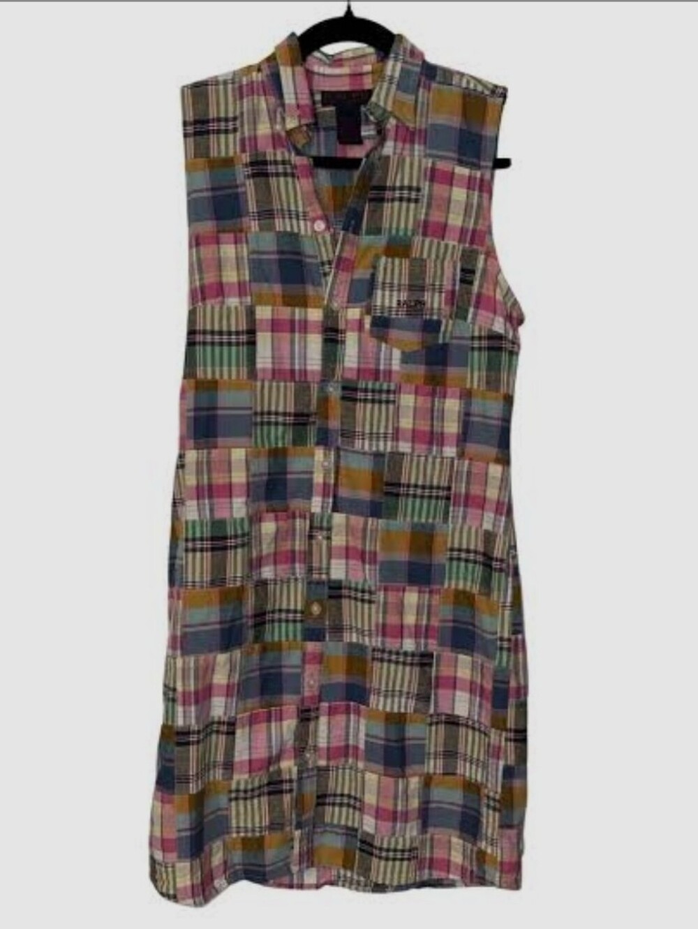 Ralph Lauren Sleeveless Patchwork Plaid Midi Dress in Pink, Blue & Tan